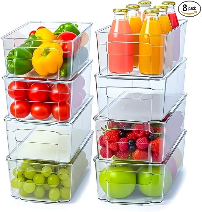 Utopia Home Plastic Stackable Storage Bins for Fridge, 8 Pack, Clear | Durable Plastic Storage Containers with Easy Grip Handles for Pantry, Kitchen Cabinets & Countertops