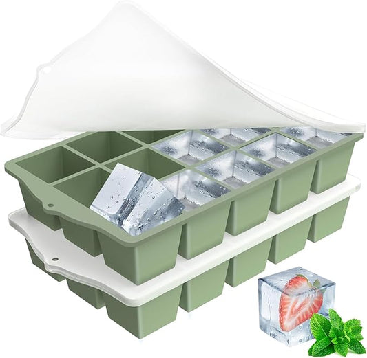 FANYITY Silicone Ice Cube Trays 2-Pack with Locks lids,Easy Release Ice Molds for Freezer,Perfect for Cocktails, Whiskey, Coffee