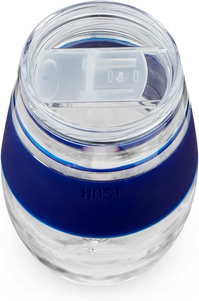 Host Cooling Wine Freeze Cup with Lid, Set of 2 Plastic Double Wall Insulated Tumbler Drink Cup with Freezing Gel for Red and White Wine, Blue