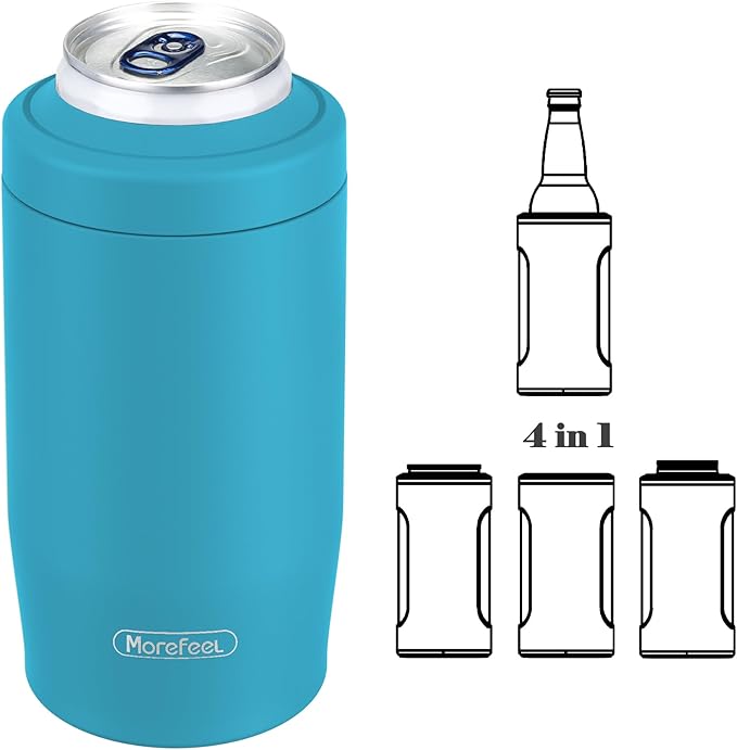 Morefeel 4-in-1 Insulated Can Cooler for 12 oz Cans & Bottles | 304 Stainless Steel Can Holder Fits 12 Oz Slim Cans, Standard Cans, Beer Bottles & Works as A Open Cup; Dishwasher Safe