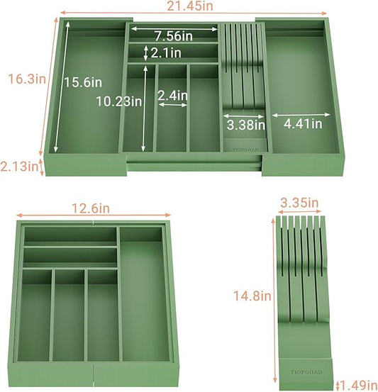 Bamboo-Silverware-Drawer-Organizer-Kitchen, Expandable Utensil Holder Cutlery Tray Flatware Organization Adjustable Wood Tableware Dividers Storage (with Removable Knife Block)(Grayish Green)