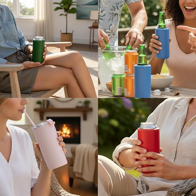 4 in 1 Universal Can Cooler - Beige, Can Holder Insulated, Beer Bottle Cooler, Universal Holder for All Drink Sizes, Stainless Steel Insulated Tumbler, Tailgating Accessories