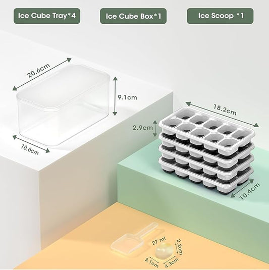 DOQAUS Ice Cube Tray with Lid and Bin, 4 Pack Silicone Plastic Ice Cubes Trays for Freezer with Box/Container, Stackable with Storage Iced Bucket Kits, Scoop, for RV, Soup, Food, Cocktail, Coffee