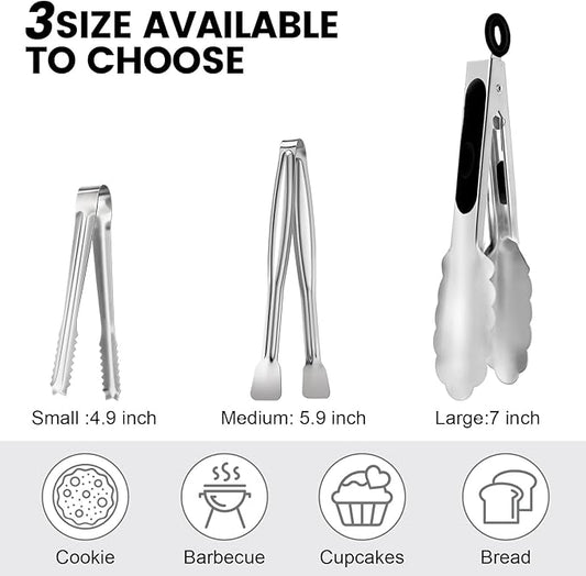 CHENGU 12 Pack Stainless Steel Kitchen Tongs 5/6/7 Inches Food Serving Clip Kitchen Cooking Tongs High Heat Resistant Clips for Cooking Non Stick Grill Salad (Black and Silver, Regular)