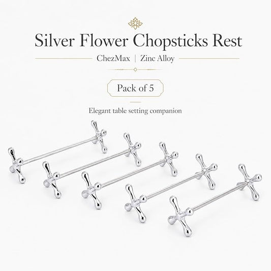 ChezMax Silver Zinc Alloy Flower Chopsticks Rest Spoons Stand Forks Knifes Holder Pack of 5