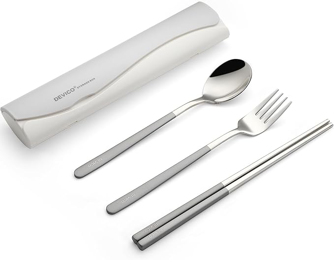 DEVICO Travel Utensils with Case, 4 Piece Portable Silverware Set for Work | 18/8 Stainless Steel Reusable Travel Cutlery Set, Korean Chopsticks Fork and Spoon Set for Lunch Box/Camping/Picnic/Dorm,Gray