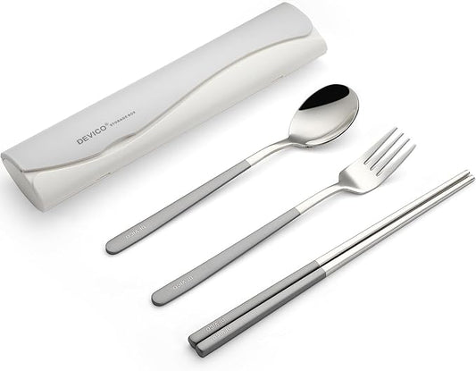 DEVICO Travel Utensils with Case, 4 Piece Portable Silverware Set for Work | 18/8 Stainless Steel Reusable Travel Cutlery Set, Korean Chopsticks Fork and Spoon Set for Lunch Box/Camping/Picnic/Dorm,Gray