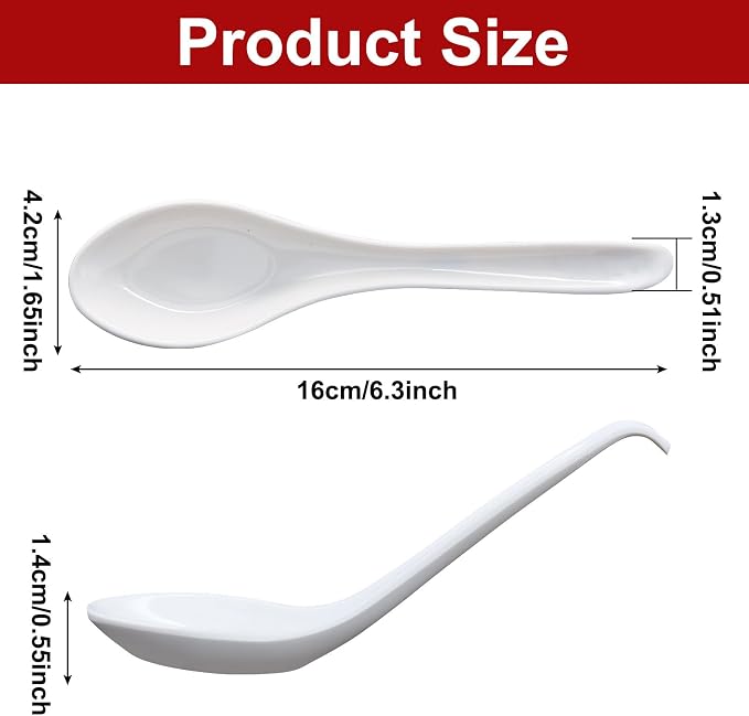 12 Pcs Soup Spoons Long Handle with Hook, White | Asian Soup Spoons, For Chinese Japanese Dishes, Miso Ramen Dumpling Pho, Rice Noodle & Soba Soup