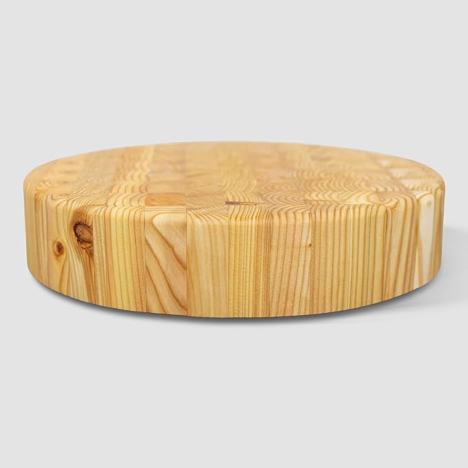 Larch Wood Canada End Grain Round Cheese Cutting Board, Standard Line, Handcrafted for Professional Chefs & Home Cooking, 10" Diameter and 2" Thick