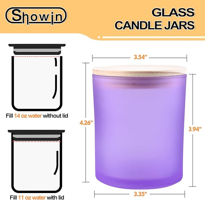 SHOWIN 14 OZ Thick Candle Jars for Making Candles 12 Pcs, 3 Wick Empty Jars with Wood Lids for Candle Making, Sample Container, Frosted Purple