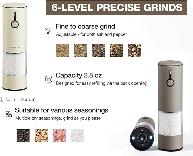 Stainless Steel Rechargeable Electric Salt and Pepper Grinder Set – USB Charging, One-Hand Electric Mill, Adjustable Coarseness, LED Light & Dust Cover –2pack(Greige & Buttercream)