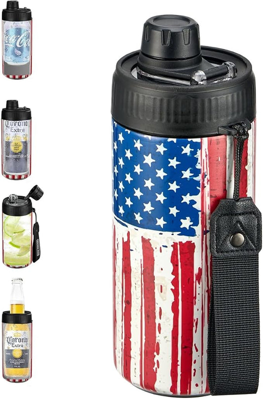 4 In 1 Beer Can Cooler Bottle Holder with Drinking Spout Lid for 12oz Regular, Slim Skinny Cans and Thermal Bottles,Sealed Insulated Double Wall Vacuum Stainless Steel Can Keeps Your Drinks Cold