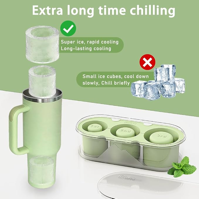 Silicone Ice Mold for Stanley Cup 30 40oz, Tumbler Ice Maker | Easy Fill and Release Without Touching Ice, Ice Cube Tray with Clear Lid and Bin for Freezer, Whiskey, Cocktail (Green)
