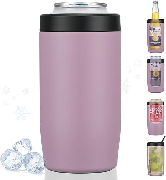 4-in-1 Slim Can Cooler Easy to Hold Insulated Beer Can Holder Double-walled Stainless Steel for All 12 Oz Cans (Purple)