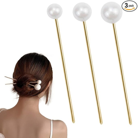 3 Pcs Pearl Hair Pins Minimalist Hair Metal Hair Stick Elegant Chignon Pins Updo Chopsticks Gold Hair Jewelry for Women and Girls