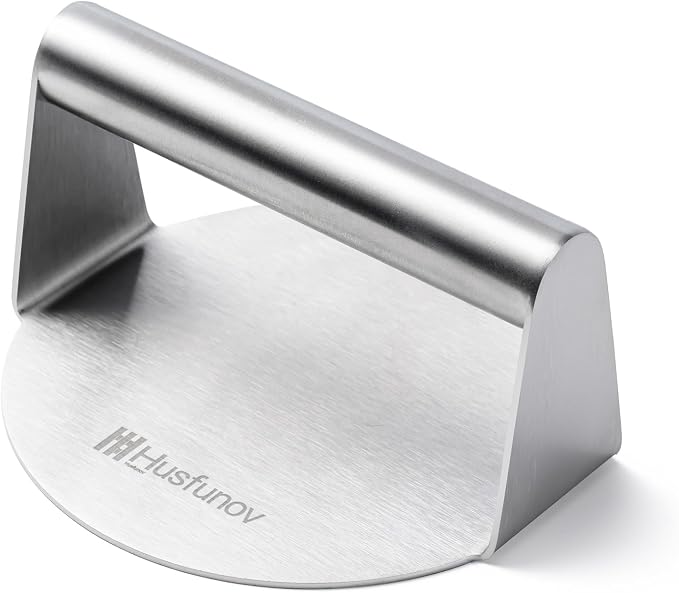 Stainless Steel Burger Press，5.5 Inch Round Smasher，Non-Stick Grill Press | Hamburger Smasher Tool for Griddle，Flat Bottom Without Ridges, for Cooking Burgers, Bacon, Ground Beef, Meats, Sausage