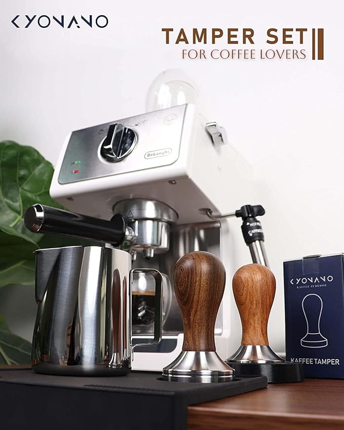KYONANO Espresso Tamper 51mm - Tamper with Chacate Preto Wood Handle - Coffee Tamper plus Milk Frothing Pitcher 350ml & Silicone Tamper Mat - Tamper fits 51mm Delonghi Portafilter