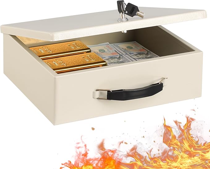 KYODOLED Fireproof Document Box with Key Lock, Safe Storage Box for Valuables, Fire Resistance Security, Fireproof Lock Box for Passport, Cash, Tablet 13.2'' x 11'' x 4.13'' Beige