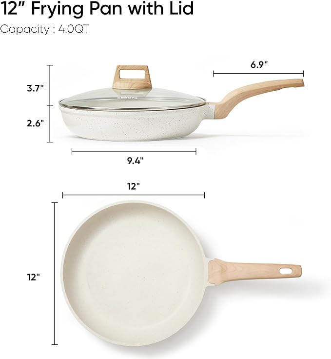 CAROTE Non Stick Frying Pan, 12 Inch Cream White Skillet with Glass Lid | Non Toxic Kitchen Healthy Cookware, Compatible with All Stovetop, Easy to Clean, PFOA Free