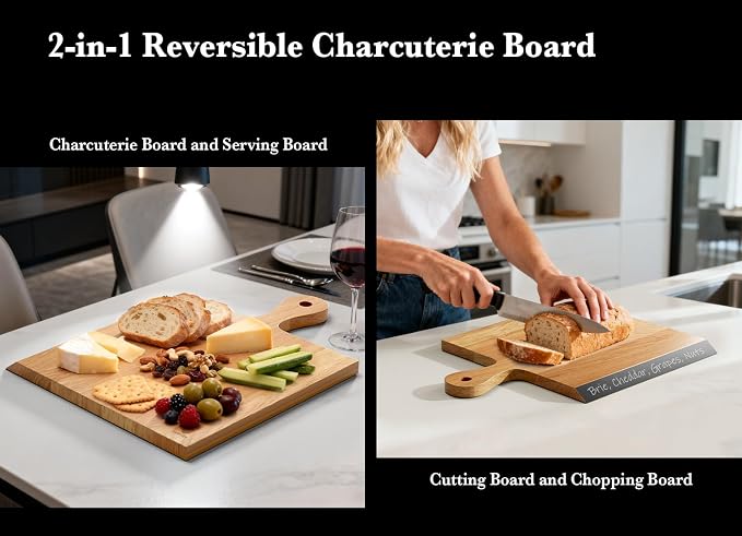 Acacia Wood Cutting Board with Handle, 2-in-1 Reversible Charcuterie Board & Chopping Board, Large 17"x13" Chalkboard Edge Serving Board for Meat & Cheese, Fruit and Nuts, Christmas Gift