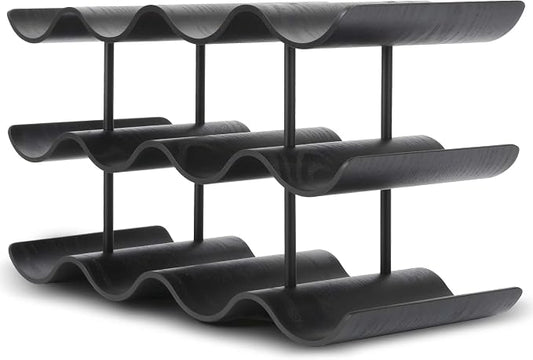 Countertop Wine Rack - 12 Bottle Freestanding Wine Bottle Holder Stand - 3 Tier Wooden Wine Storage Rack - Black Wavy Wine Organizer for Cabinet Pantry Home Kitchen Bar