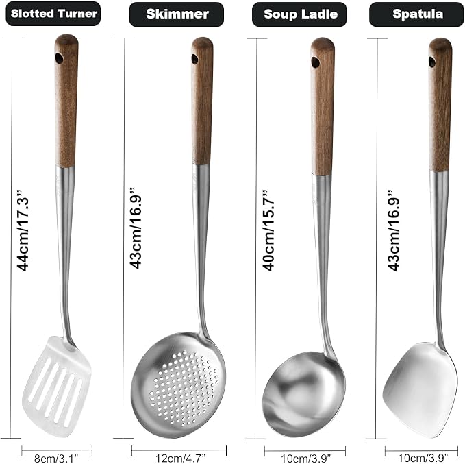 Wok Utensils for Carbon Steel, Stainless Steel Wok Spatula 17 Inch | Extra long wooden handle-Anti-scald;Wok Tools Professional Set;Great for home use and commercial use;