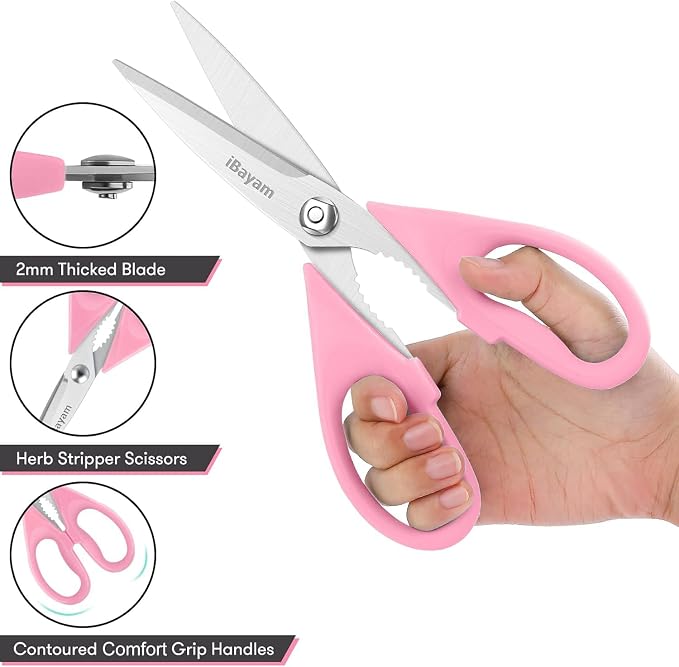 iBayam Pink Kitchen Scissors All Purpose Heavy Duty & Comfort Grip & Cover | Dishwasher Safe, 8.7" Stainless Steel Sharp Scissors Food Poultry, 2-Pack Pink Kitchen Utensils Gadgets for Cooking & Baking