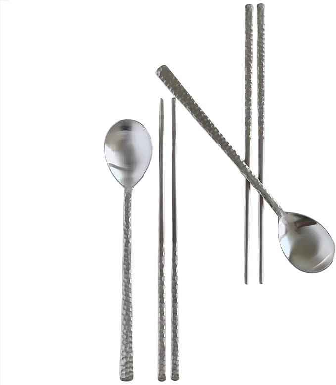 Korean Made Silver Glossy Hammered Stainless Steel Korean Spoon & Chopstick SET Stocking Stuffer Gift for Mom (2SET) Stocking Stuffer