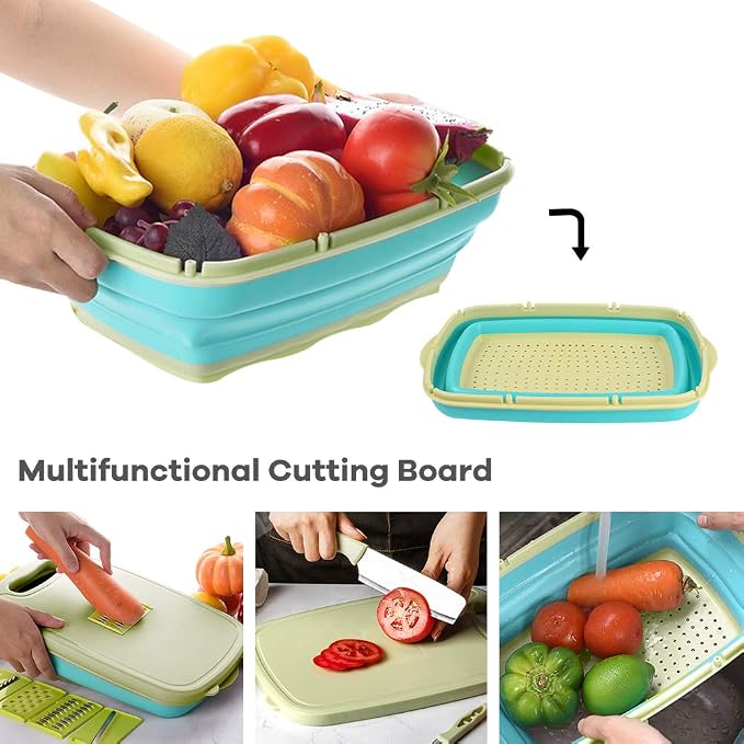 Gintan Camping Cutting Board, 9-in-1 Collapsible Chopping Board with Colander, Kitchen Vegetable Washing Basket for Camping, Camping Gifts Camping essentials for RV Campers (Blue Green)
