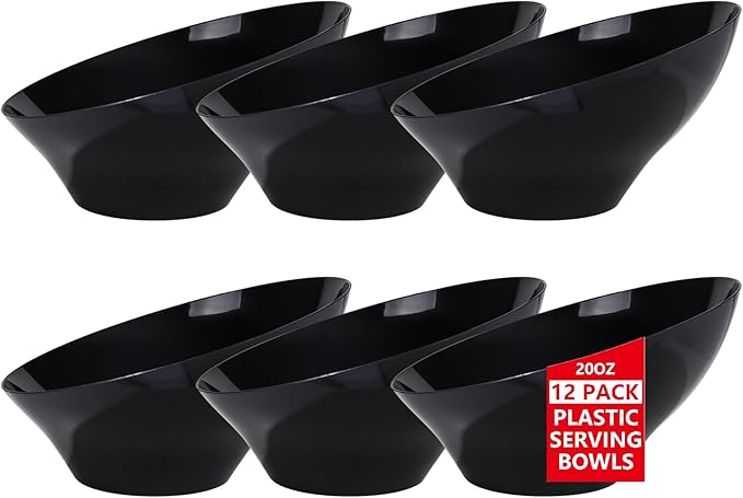 bUCLA 12 Pack Black Plastic Serving Bowls - 20 OZ Angled Bowls Disposable for Chip,Candy,Salad and Fruit - Ideal for Wedding, Party & New Year