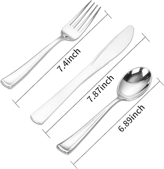 SUT 600PCS Silver Plastic Silverware, Plastic Silverware Heavy Duty, Disposable Cutlery, 200 Forks,200 Spoons, 200 Knives for Party