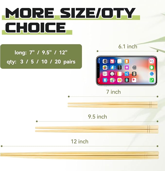 9.5 Inch X 20 Pairs Chopsticks,Reusable,Simplea and Minimalistic Design,More Size Choices 7"/9.5"/12"