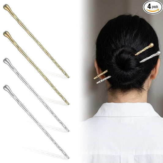 4Pcs Silver Gold Hair Chopsticks Chinese Hair Sticks for Buns Metal Chinese Hairpin Classic Hairs Accessories for Women Lady Girls Buns and Updos Suitable Fine Thick Hairs 6.9inch