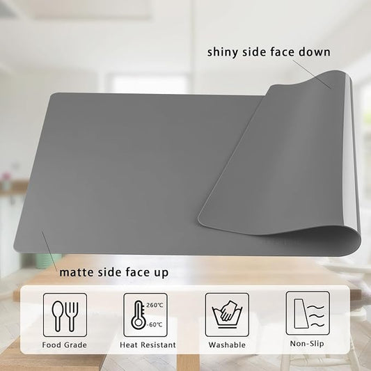 Silicone Placemats, Food-Grade Non-Slip Waterproof, Dining, Stain Resistant, Countertop Protector, Kitchen Counter Mat, Heat Resistant, Baking mat Dishwasher Safe (25.6"×17.7"-1pack Thicken, Gray)