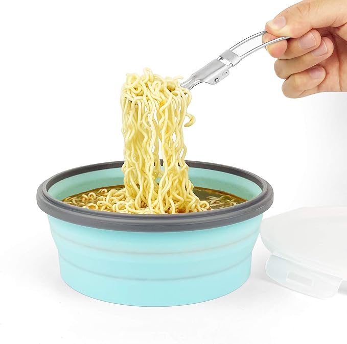 CCyanzi 1200ml Collapsible Camping Bowl Silicone Food Storage Container with Lid and Foldable Stainless Steel Fork Spoon, for Picnic, Travel, Camping, RV, Fridge and Microwave Bowls