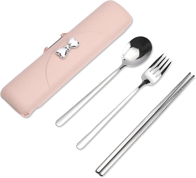 Reusable Travel Utensils with Case, Portable Cutlery for Work | Cute Silverware Set for Lunch Box, Stainless Steel Spoon Fork Chopsticks for Camping, Picnic, Food-Grade, Dishwasher Safe