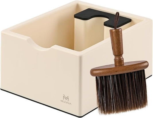 Espresso Knock Box with Brush, 15 Pucks Coffee Grounds Dump Bin with Silicone Knock Bar, Anti-Slip Base & Tamping Station, Quiet Knockbox Set for Home Kitchen & Coffee Bar (Beige)