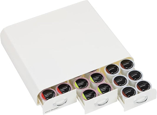 Mind Reader Single Serve Coffee Pod Organizer with 3 Drawers, 36 Pod Capacity, Countertop, 12.25"L x 13.5"W x 2.5"H, White (Pack of 8)