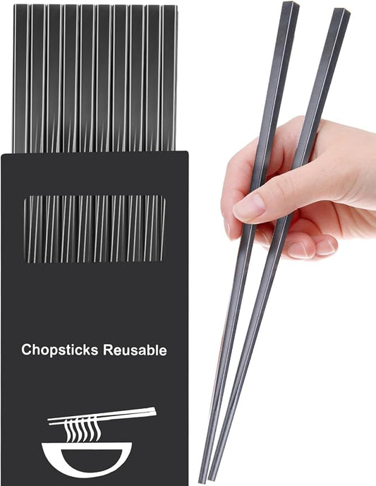 Fiberglass Chopsticks Set, 9.5 Inch, Pure Black, 5 Pairs | Dishwasher Safe, Reusable, Japanese Chinese Style, Non-Slip, Easy to Use
