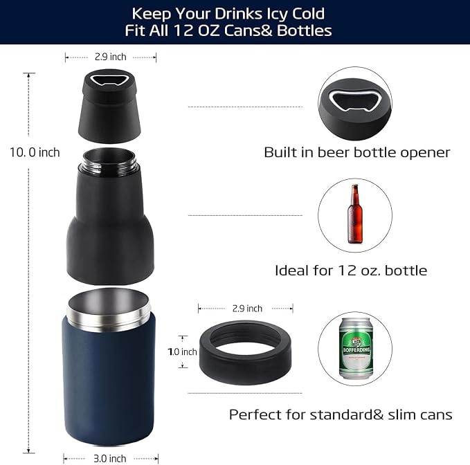 Stepstall Beer Gifts for Men - Beer Bottle Cooler with Opener, 12 oz. Slim Can Insulator (Navy Blue)