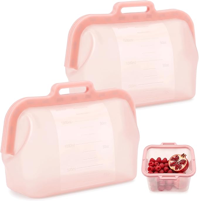 68oz Reusable Silicone Food Storage Bags with Magnetic Seal, Stand Up Freezer Bags for Meal Prep, Snacks, Sandwiches & Leftovers, Dishwasher Safe Reusable Food Storage Bag (Pink)