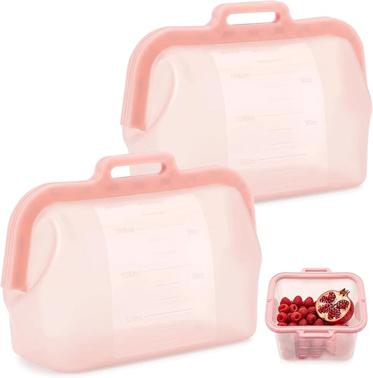 68oz Reusable Silicone Food Storage Bags with Magnetic Seal, Stand Up Freezer Bags for Meal Prep, Snacks, Sandwiches & Leftovers, Dishwasher Safe Reusable Food Storage Bag (Pink)