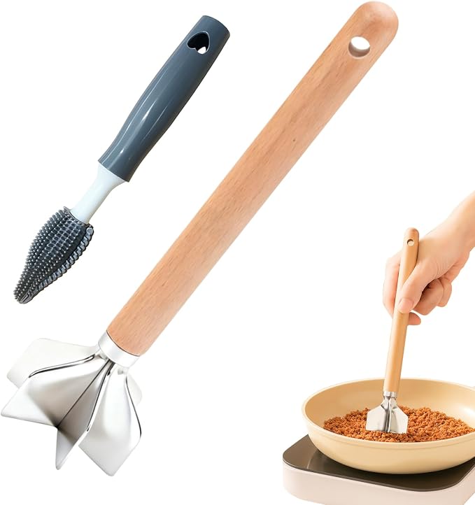 Stainless Steel Meat Masher, Meat Chopper, 11 Inch with Cleaning Brush | Ground Beef Chopper Tool, Hamburger Smasher Tool for Hamburger Meat, Ground Beef, Turkey, or Potatoes
