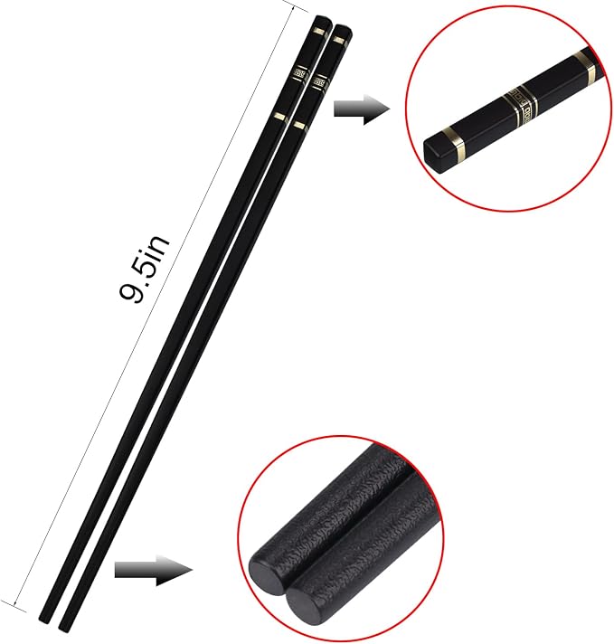 Reusable Fiberglass Chopsticks, 10 Pairs, Non-Slip, Dishwasher Safe (Black) | 9.5 Inch BPA-Free PET + Fiberglass, Heat Resistant To 120°C, For Sushi, Ramen, Noodles & Rice