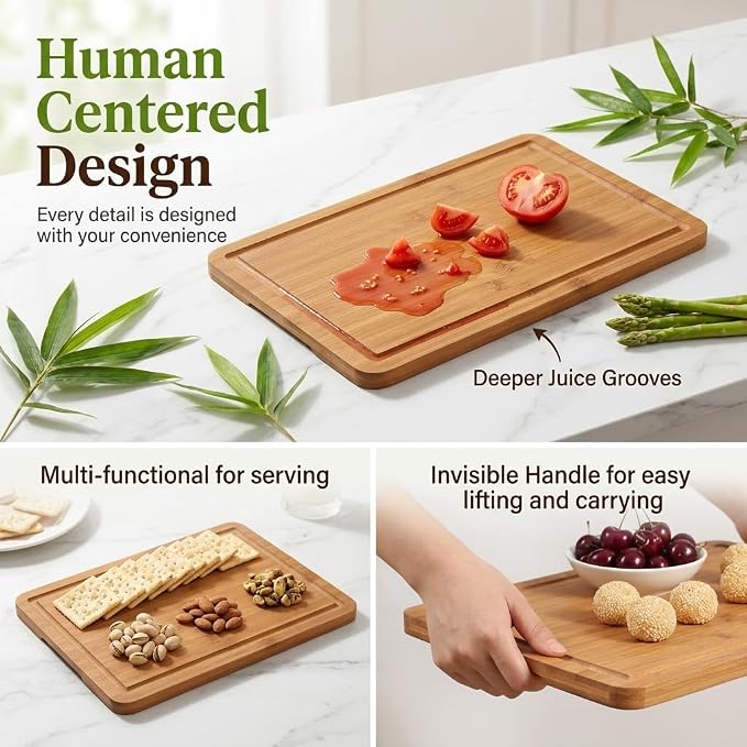 2-Piece Deep Carbonized Bamboo Cutting Board Set with Vertical Drying Stand | Wooden Chopping Boards for Kitchen | Extra Deep Juice Grooves & Easy-Carry Side Handles | Gift-Ready