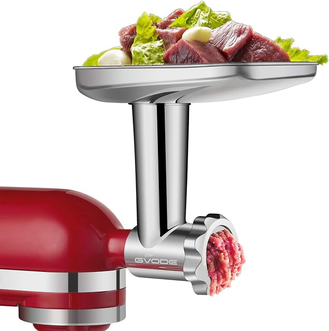 GVODE Stainless Steel Meat Grinder Attachment for KitchenAid Stand Mixer | Food Grinder attachment with 4 Grinding Plates, 3 Sausage Stuffer Tubes, 2 Grinding Blades, Mixers Accessories for Kitchen