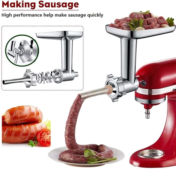 GVODE Metal Meat Grinder Attachment for KitchenAid Stand Mixer | Meat Grinders Includes 4 Grinding Plates, 3 Sausage Stuffer Tubes, 2 Grinding Blades, for KitchenAid Mixer Attachments