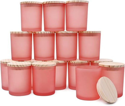 Thick Candle Jars for Making Candles 16 Pcs, 7 OZ Empty Jars with Wood Lids for Candle Making, Sample Container, Frosted Pink