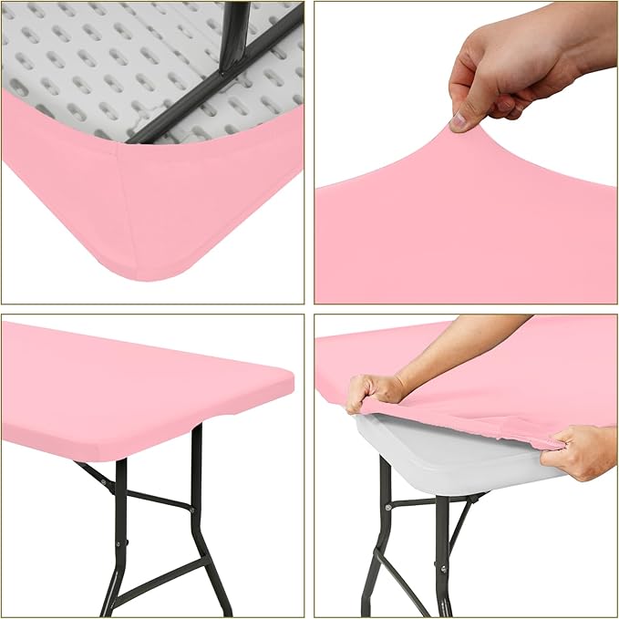 10 Pack Fitted Tablecloth for 8 Foot Rectangle Tables, Pink Elastic Outdoor Picnic Table Cover, Washable Stretch Folding Table Cloths 8 ft for Camping Party Patio Kitchen Banquet, 30" W x 96" L