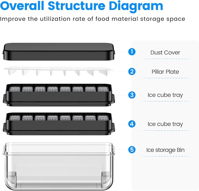 1.0" Ice Cube Trays for Freezer, PHINOX Ice Tray, 2-Tier(32Cubes/Tier)Black